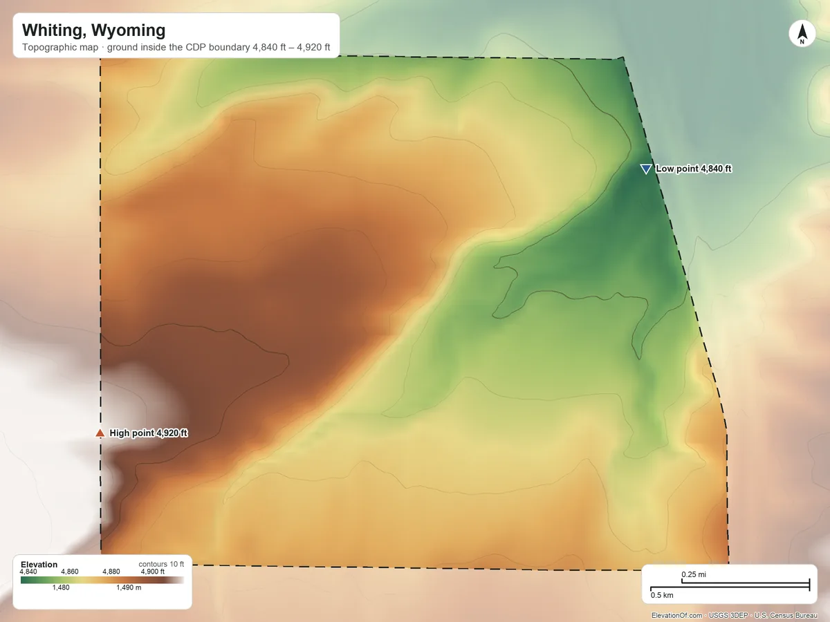 Topographic elevation map of Whiting, Wyoming, shaded from 4,840 ft on the east side to 4,920 ft on the southwest side