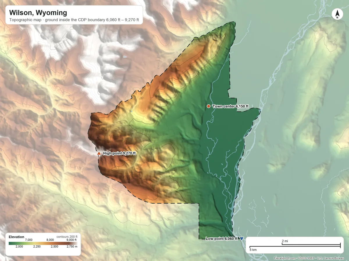 Topographic elevation map of Wilson, Wyoming, shaded from 6,060 ft on the south side to 9,270 ft at the foot of the Rocky Mountains