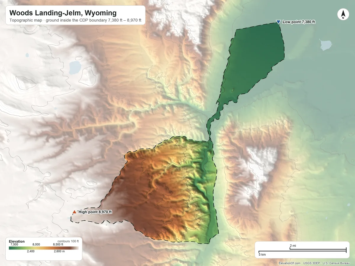 Topographic elevation map of Woods Landing-Jelm, Wyoming, shaded from 7,380 ft on the northeast side to 8,970 ft on the southwest side