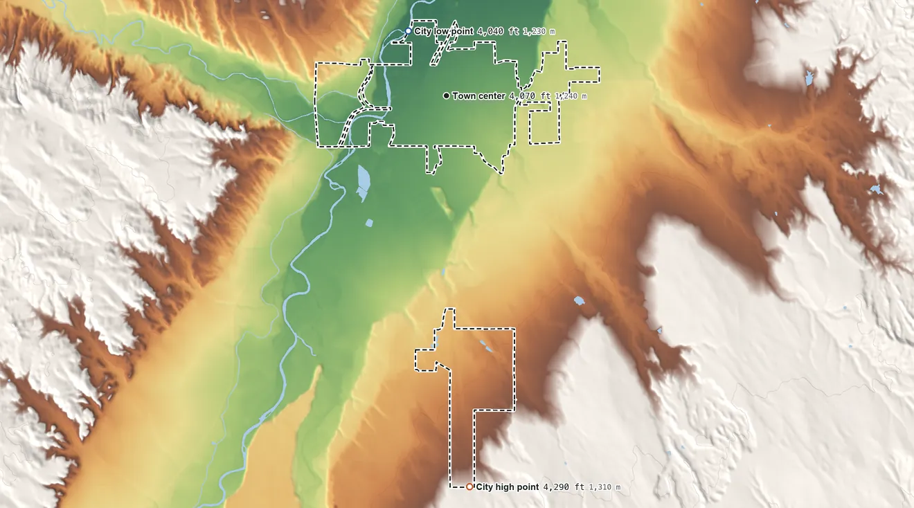 Topographic elevation map of Worland, Wyoming, shaded from 4,040 ft on the northwest side to 4,290 ft on the south side