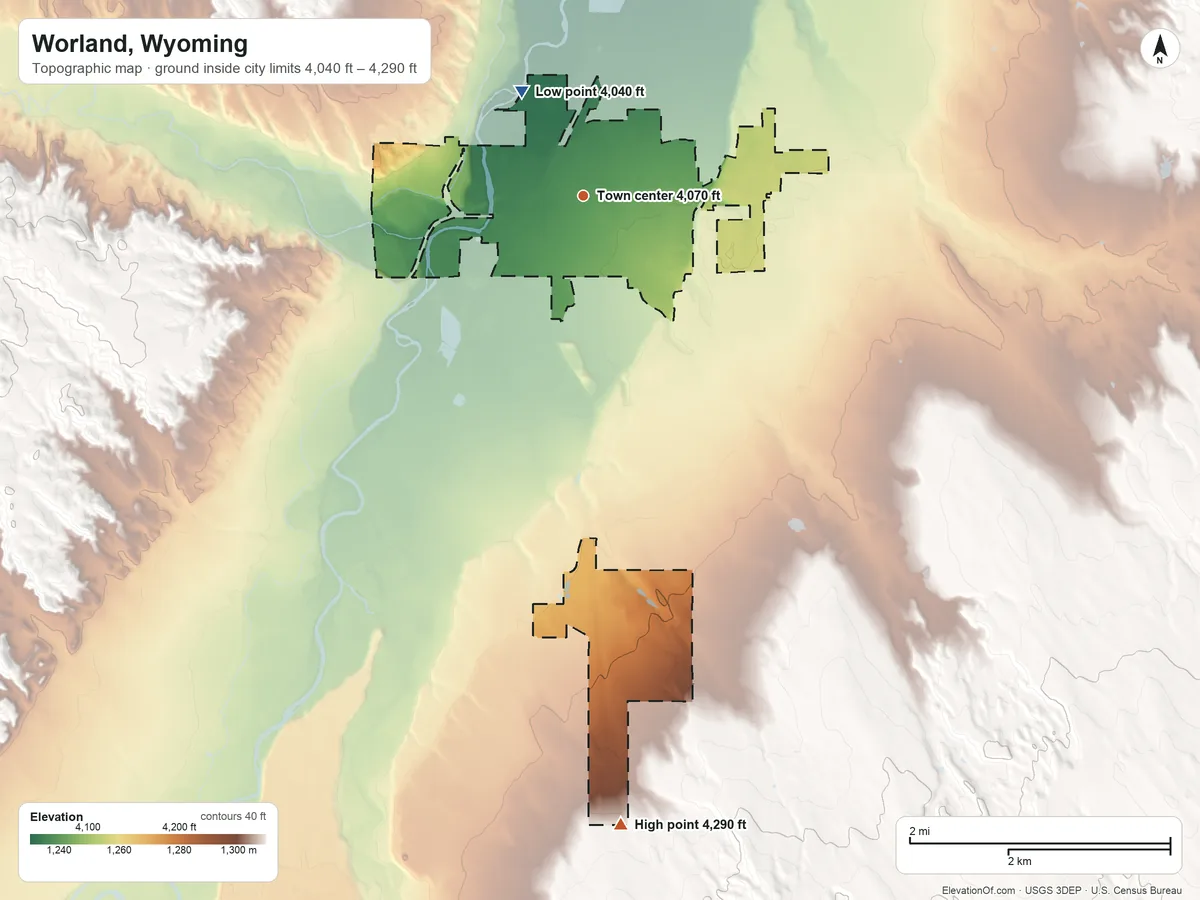 Topographic elevation map of Worland, Wyoming, shaded from 4,040 ft on the northwest side to 4,290 ft on the south side