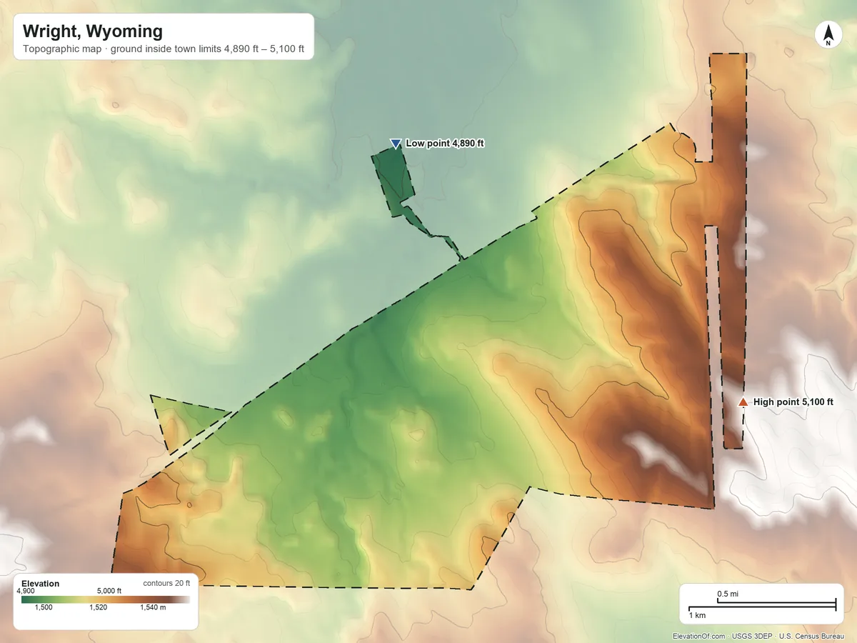 Topographic elevation map of Wright, Wyoming, shaded from 4,890 ft on the northwest side to 5,100 ft on the east side