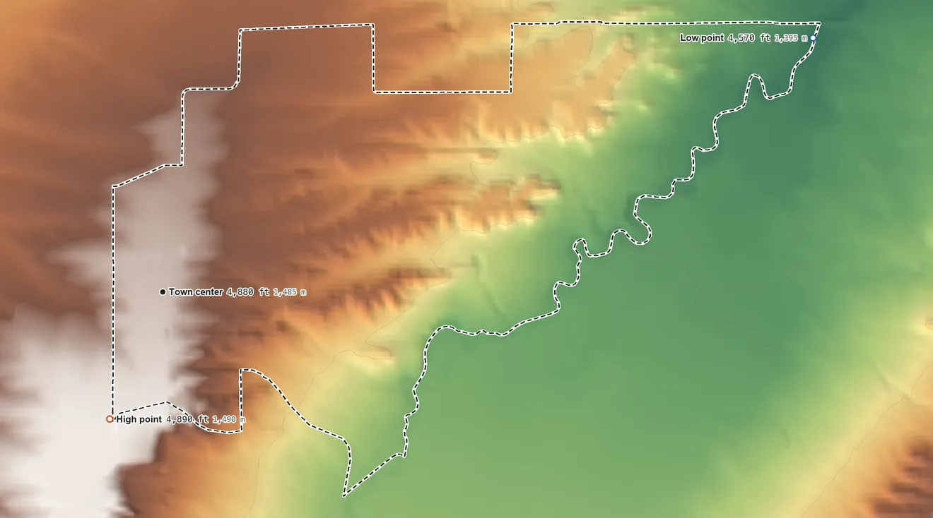 Topographic elevation map of Y-O Ranch, Wyoming, shaded from 4,570 ft on the east side to 4,890 ft on the southwest side