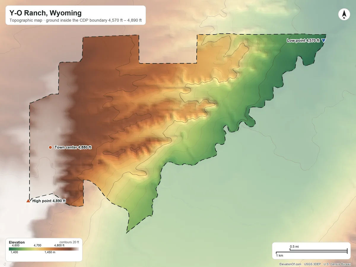 Topographic elevation map of Y-O Ranch, Wyoming, shaded from 4,570 ft on the east side to 4,890 ft on the southwest side